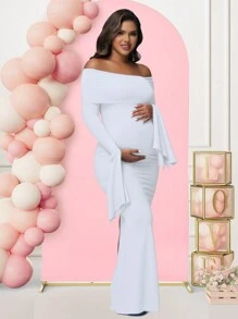 Maternity Open Shoulder Solid Color Long Sleeve Dress, Suitable For Baby Shower Photo Shoot Spring White - White - View 5