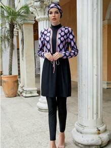 Women Muslim Swimwear Islamic Modest Swimsuit 3 Pieces Full Cover Hijab Long Sleeve Burkini Top Dress + Pants - Black - View 2