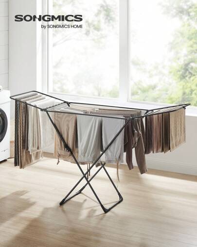 SONGMICS Clothes Airer, Foldable Clothes Drying Rack, Clothes Horse With Gullwings, Free-Standing Laundry Rack, Indoor Outdoor Use, Bed Linen Clothing, Black