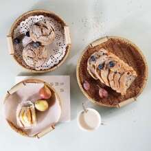 3 Hand-Woven Rattan Bread Baskets Fruit Basket Trays, Kitchen Accessories Tools, Home Decor Storage Baskets, Round Rattan Service Trays With Handles, Suitable For End Table Decorations, Breads, Fruits, Snacks