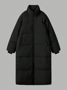 Damen Einfarbige Lässige Vielseitige Stehkragen Reißverschluss Mit Taschen Lange Lose Baumwolljacke Mantel Langarm Top, Streetwear College Stil Lange Außenjacke, Geeignet Für Kaltes Wetter, Winter Wattierte Knielange Jacke, Damen Straßenmode Frühlingsjacke - Schwarz - Übersicht 6