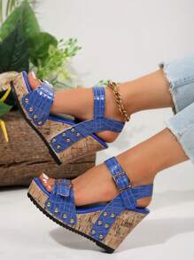 Women's Summer Platform Buckle Rivet Sandals, Cross-Border Plus Size Open Toe Wedge Thick Bottom Sandals - Blue - View 2