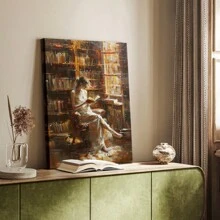 Tranquil Lady In A Library Canvas Art - Elegant Indoor Wall Decoration Female Theme, Library Scene, Reading Art, Home Decor, Living Room And Bedroom Wall Art
