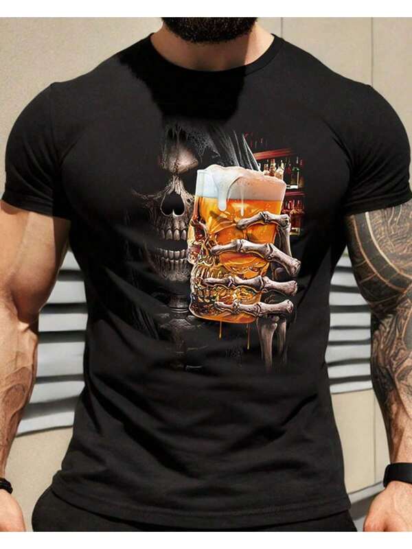 Camiseta Masculina Skull Beer em Algodão Preto - Design Impactante