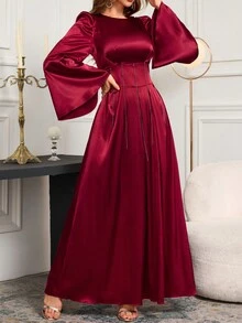 Chain Decor Cinched Waist Flared Sleeve A-Line Dress - Burgundy - View 6
