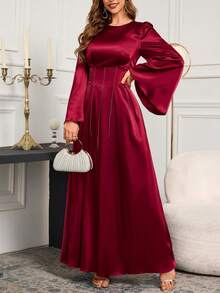 Chain Decor Cinched Waist Flared Sleeve A-Line Dress - Burgundy - View 5