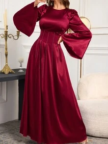 Chain Decor Cinched Waist Flared Sleeve A-Line Dress - Burgundy - View 2