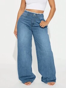 Women's Loose-Fit Flattering Wide-Leg Denim Jeans With Distinctive Raw-Edge Waistband For Spring/Fall Casual Fashionable Design - 中等水洗藍 - 查看 1