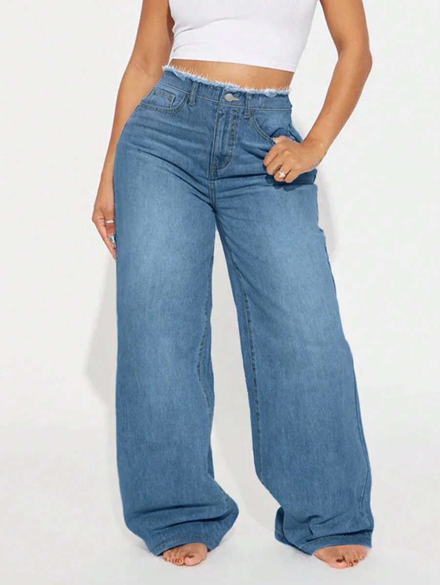 Women's Loose-Fit Flattering Wide-Leg Denim Jeans With Distinctive Raw-Edge Waistband For Spring/Fall Casual Fashionable Design - 中等水洗藍 - 查看 1