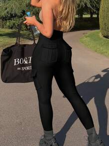 High Waist Yoga Leggings With 4 Pockets,Tummy Control Workout Running Stretchy Cargo Pants - Black - View 1