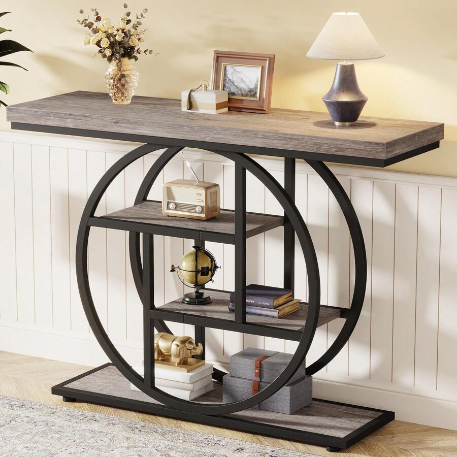 Tribesigns 41.3" Console Table, Industrial 4-Tier Sofa Table Entryway Table With Circle Base, Narrow Wood Accent Tables With Storage Shelves For Living Room, Hallway, Foyer, Rustic Brown - 灰色 - 查看 1