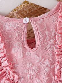 2pcs Baby Girl Sweet Bowknot Floral Trim Sleeveless Pink Jacquard Dress With Hair Scrunchie, Summer