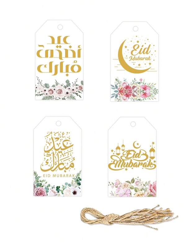 30 etiquetas para decoração de presentes, etiquetas de escrita douradas com flores rosa, artigos para festa muçulmana Alf, branco e dourado