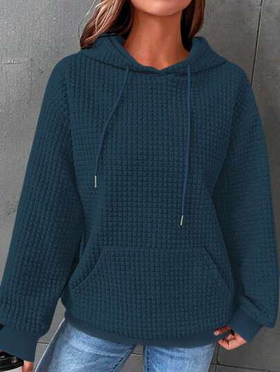 Stylish Casual Textured Solid Color Knit Kangaroo Pocket Hoodie For Women