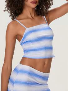 Women's 2 Piece Summer Set, Gradient Striped Square Neck Crop Cami Tops Low Waist Mini Skirt For Party Club - 藍色 - 查看 6