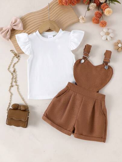 Conjunto de 2 peças para meninas pequenas, casual, com blusa de manga flare canelada e calça com peitilho de veludo cotelê, leve, ideal para primavera/verão.