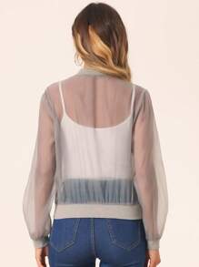 Women's Mesh Sheer Jacket See Through Long Sleeve Zip Up Bomber Jacket - Gray - View 3