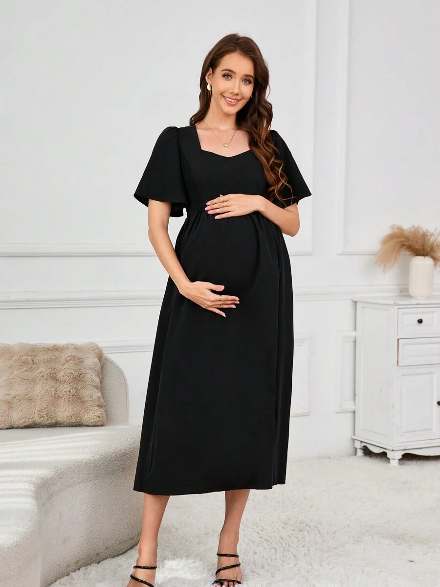 2025 Spring/Summer New Square Collar Flare Hem Maternity Dress With Short Sleeves - Black - View 1