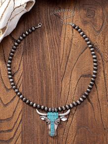 1 件西部乡村仿珍珠串珠项链，蓝绿松石珠子装饰牛马头吊坠项链，西部乡村项链女士首饰 - 彩色 - 查看 1