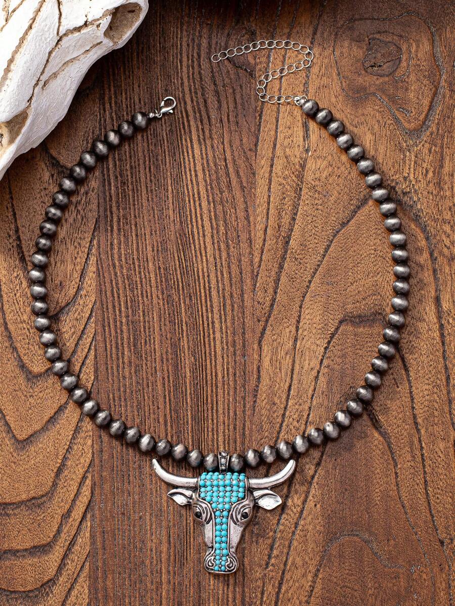 1 件西部乡村仿珍珠串珠项链，蓝绿松石珠子装饰牛马头吊坠项链，西部乡村项链女士首饰 - 彩色 - 查看 1