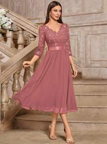 MIUSOL Elegant V-Neck Sequin Floral Lace Ruched Chiffon 3/4 Sleeve Evening Party Long Dress
