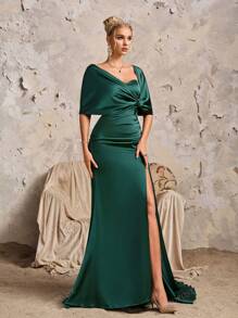 1 pezzo Abito in raso verde vintage di alta qualità con scialle, abito da sera elegante per feste, matrimoni e ospiti