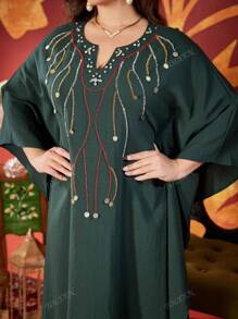 Plus Size Vrouwen V-hals Elegante Kralen Arabische Stijl Jurk