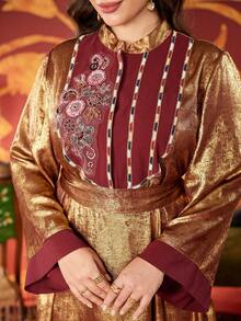 Plus Size Stand Collar Color Block Floral Embroidery Elegant Long Sleeve Arabian Dress - Gold - View 9