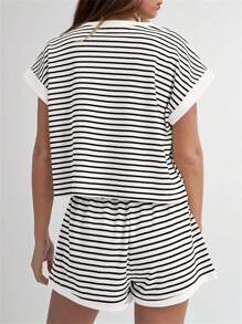 2 Piece Lounge Set For Women Striped Knit Short Sleeve Tee Shirts Shorts Sets Casual Summer Loungewear Matching Sets - trắng - Xem 5