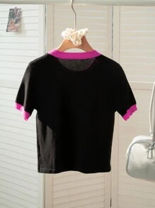Spring/Summer American Casual Black Short Sleeve Design Letter Color Block T-Shirt Hot Girl Stretch Slim Short For Daily, Street, Commuting, Home And Other Occasions To Wear Women Knit Tops