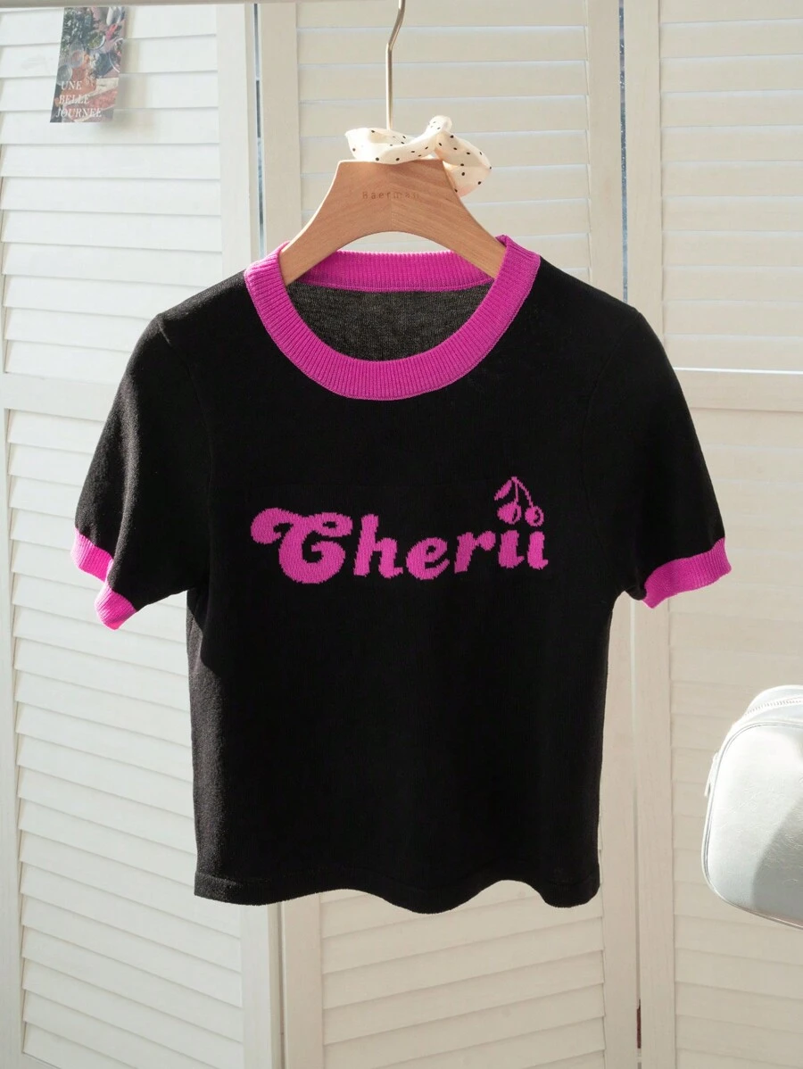 Spring/Summer American Casual Black Short Sleeve Design Letter Color Block T-Shirt Hot Girl Stretch Slim Short For Daily, Street, Commuting, Home And Other Occasions To Wear Women Knit Tops