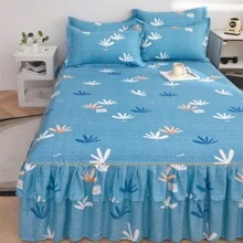 3 件套床裙套装，花卉印花四季防滑床上用品套装，卧室和酒店床上用品装饰（床裙 * 1 + 枕套 * 2，无内芯） - 淺藍色 - 查看 3