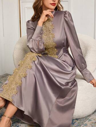 Long Sleeve Gold Embroidery Floral Trim Solid Color Tie Front Dress, Elegant Dignified Slimming Formal Gown