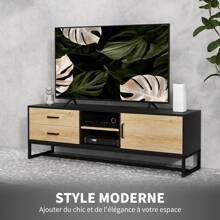HOMCOM HOMCOM Meuble TV meuble télé bois banc TV pour téléviseur jusqu'à 60 pouces avec placard, compartiments ouverts, 2 tiroirs, étagère réglable et passe-câbles pour salon chambre à coucher, bois naturel