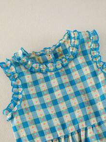 2pcs Girls Young Girl Casual Floral Plaid Pattern Shirred Collar & Sleeves Tank Top & Wide Leg Pants Set, Summer