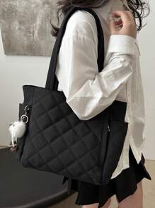 In 2024, Fall Decor .The New Fashion Large-Capacity Quilting Diamond Shape Design Double-Handle Shoulder Tote Bag Is Light And Portable, Suitable For Outdoor Travel And Decorated With Animal Pendants., Street & Japanese Style Women Bag, Tote Bags For Students, Multiple Compartments, Perfect For Beach, School, Work & Daily Use