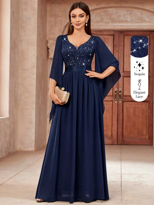 MIUSOL Deep V-Neck Sequin Insert Floral Lace Chiffon Formal Party Dress Elegant Long Sleeve Prom Evening Wedding Guest Gown, For Graduation, Dinner