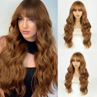 Brown Wig with Bangs for Women Long Wavy Hair Wig Brown Highlight Wig Curly Wavy Synthetic Wigs for Girls Daily Party Use