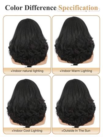 Peluca sintética con ondas sueltas tipo bob ondulado, sin pegamento, con raya lateral natural, para mujer (color negro, 16 pulgadas)