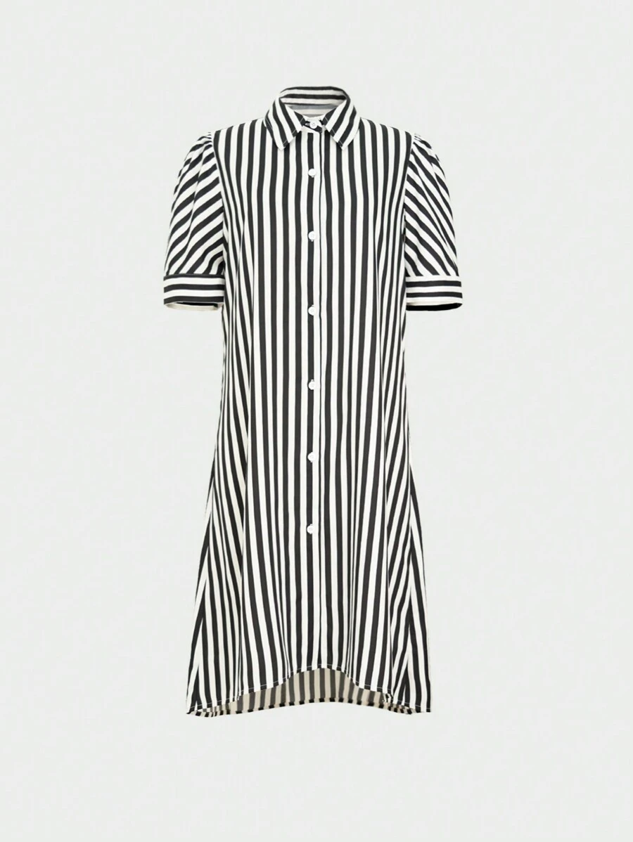 2025 Spring And Summer Fashion Hot Item Elegant Casual Black And White Striped Contrast Single-Breasted Women's Dress - Multicolor - View 1