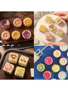 Moon Cake Mold, Including 2 Pc Mold And 12 Pcs Stamps, Flower Round And Square Shaped Cookie Mold, Lotus And Daisy Cookie Molds, DIY Hand Pressure Cookie Stamps, Pastry Tools, Baking Tool - White - View 6