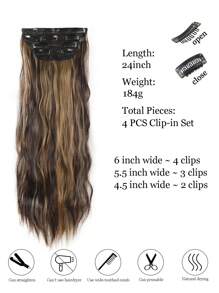 4 piezas de extensiones de cabello con clip, color marrón mezclado con dorado piano, longitud 22~32 pulgadas, ondulado rizado natural, pelucas de fibra sintética, adecuadas para mujeres, Halloween - Color Piano - Ver 3