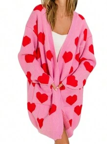 Women's Loose Knit Sweater Long Sleeve Drop Shoulder Open Front Heart Print Cardigan Fall Coat - 粉色 - 查看 1