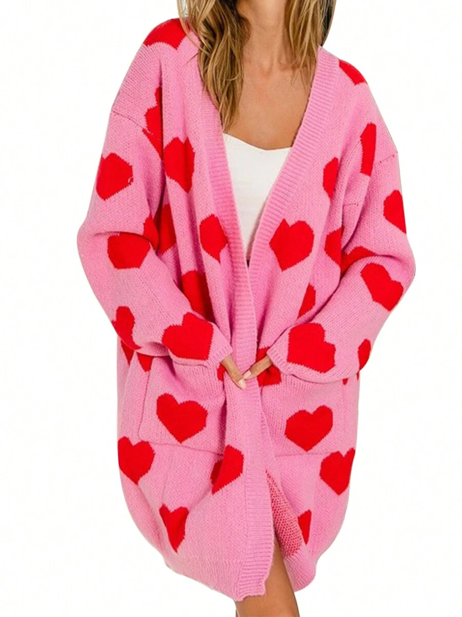 Women's Loose Knit Sweater Long Sleeve Drop Shoulder Open Front Heart Print Cardigan Fall Coat - 粉色 - 查看 1
