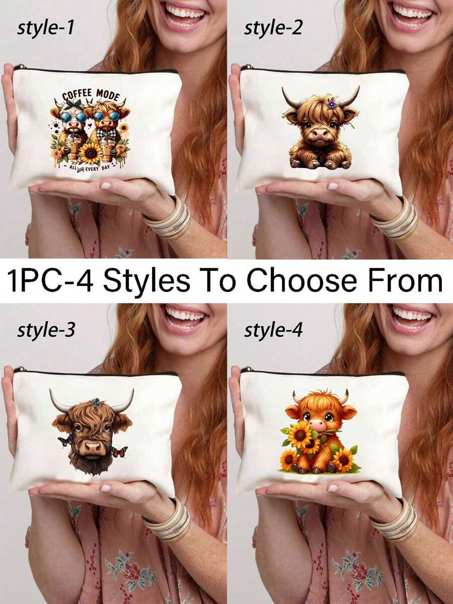 白色优雅高地牛主题化妆包卡通牛图案手提包及配套化妆包/零钱包，牛与向日葵图案，-轻盈无味的涤纶旅行洗漱包，高低牛配紫色花朵，适合自然爱好者和女性 - 彩色 - 查看 1