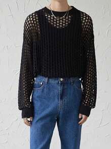 Breathable Perforated Oversized Cover Up, Loose Casual Unisex Korean Style Round Neck Knitted Sweater With Long Sleeves, Unique Design, Suitable For Spring, Summer, Autumn