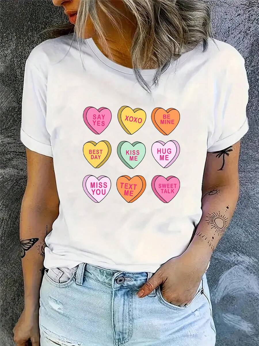 Be Mine Tshirt, Conversation Hearts TShirt , Gift For Valentine, Womens Cotton Soft Breathable Comfort-Fit Crew Neck Tee - 白色 - 查看 1