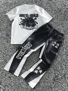 Bộ 2 món/Bộ đồ nam in hình đầu phong cách đường phố, áo phông tay ngắn + quần nỉ cạp rút dây thường ngày - Đen và trắng - Xem 2