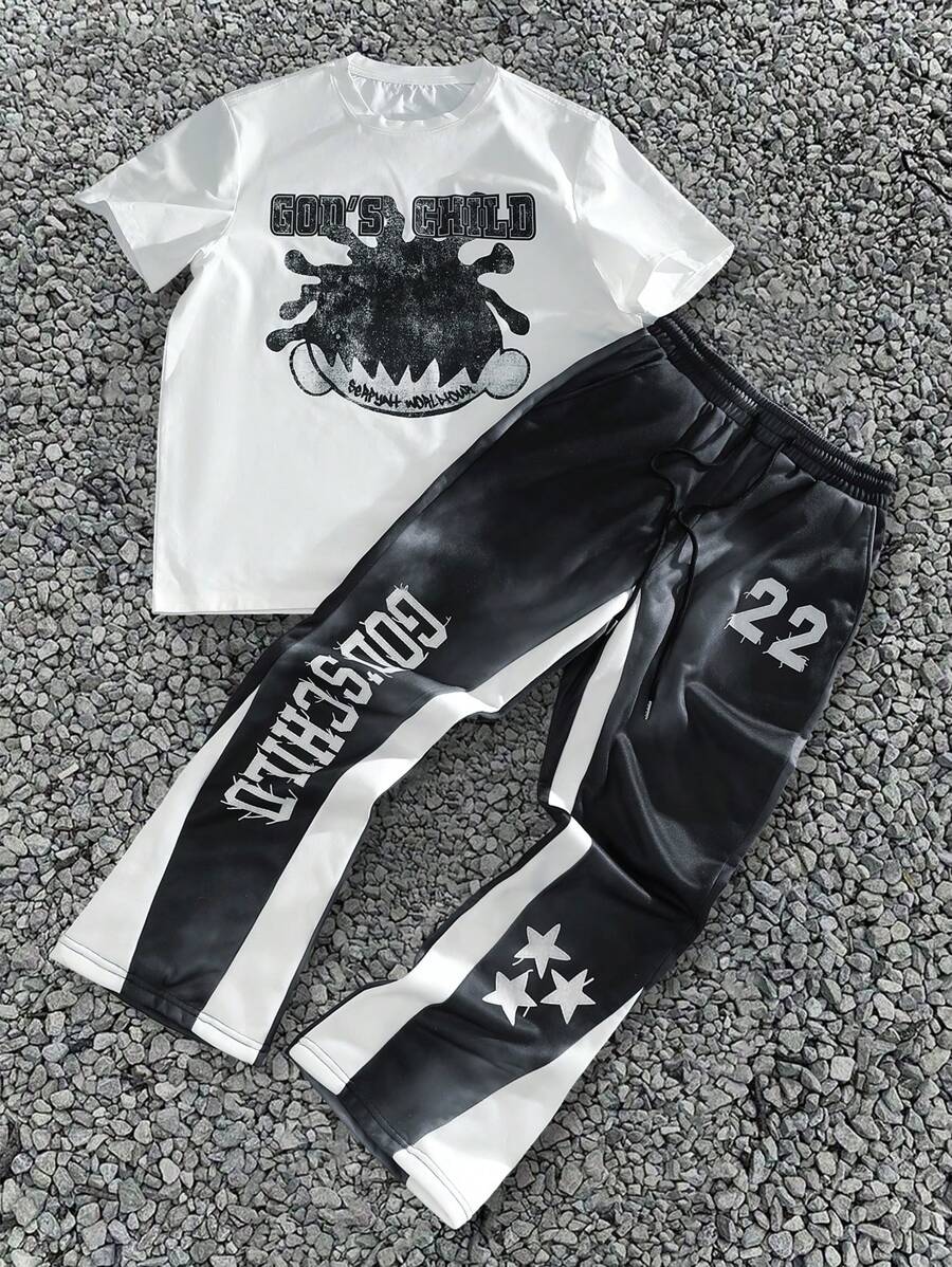 Bộ 2 món/Bộ đồ nam in hình đầu phong cách đường phố, áo phông tay ngắn + quần nỉ cạp rút dây thường ngày