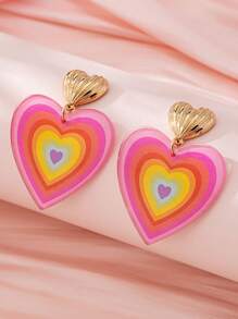 1 par de pendientes con colgante de corazón de acrílico de colores arcoíris para mujeres, adecuados para uso diario y el Día de San Valentín - Rosa - Ver 2